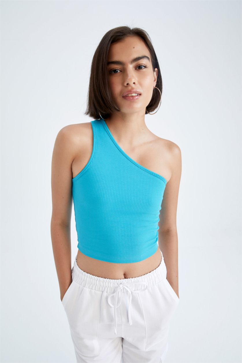 WOMAN Mint Slim Fit One-Shoulder Ribbed Camisole Singlet