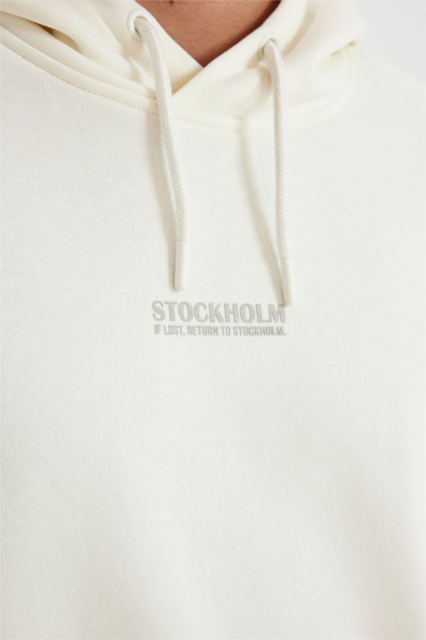 Erkek Ekru Relax Fit Kapüşonlu Baskılı Sweatshirt
