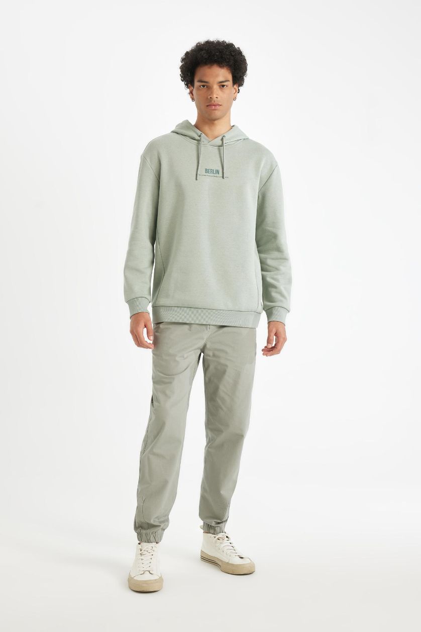 Erkek Açık Yeşil Relax Fit Kapüşonlu Baskılı Sweatshirt