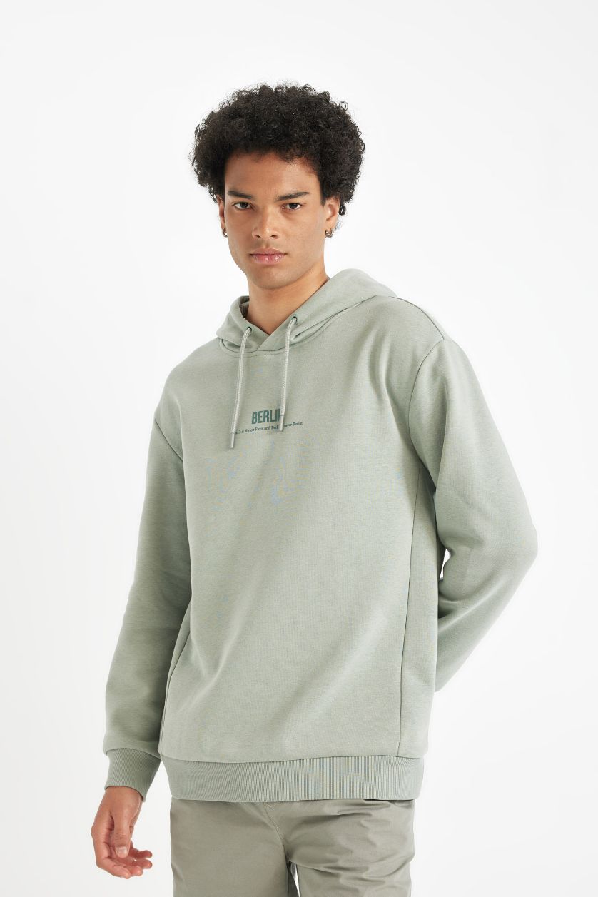 Erkek Açık Yeşil Relax Fit Kapüşonlu Baskılı Sweatshirt