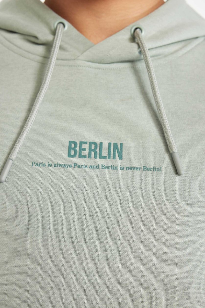 Erkek Açık Yeşil Relax Fit Kapüşonlu Baskılı Sweatshirt