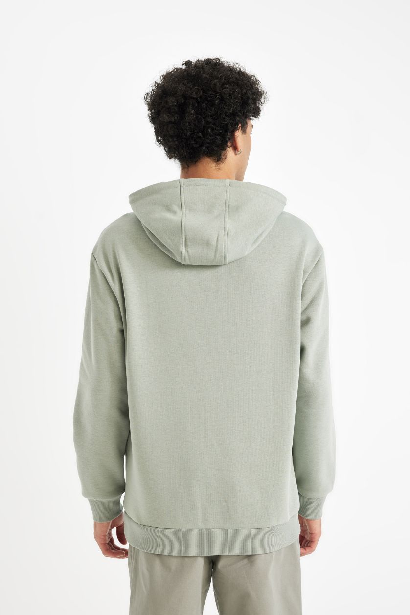 Erkek Açık Yeşil Relax Fit Kapüşonlu Baskılı Sweatshirt