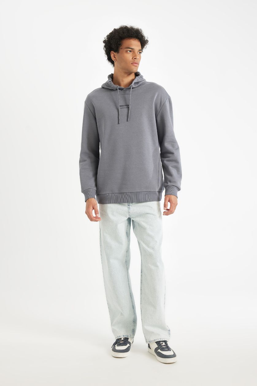 Erkek Koyu Gri Relax Fit Kapüşonlu Baskılı Sweatshirt