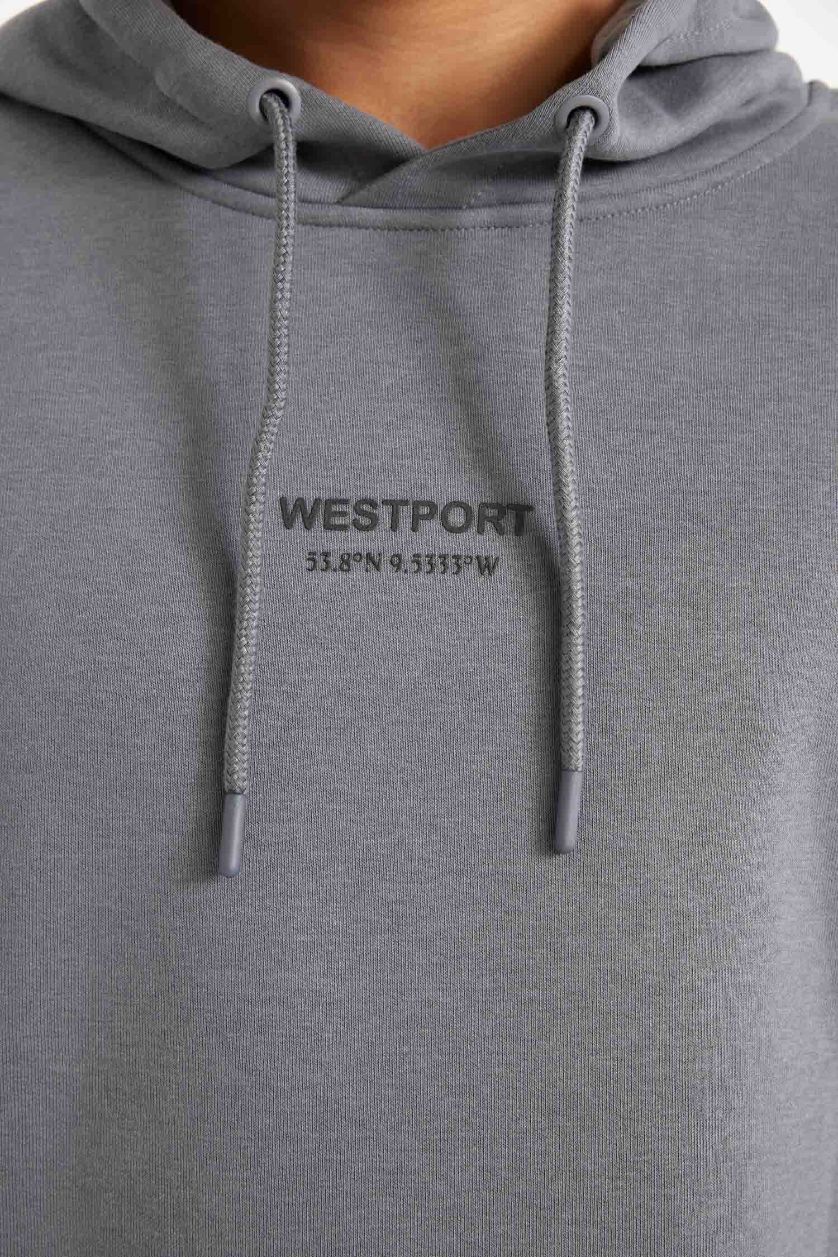 Erkek Koyu Gri Relax Fit Kapüşonlu Baskılı Sweatshirt