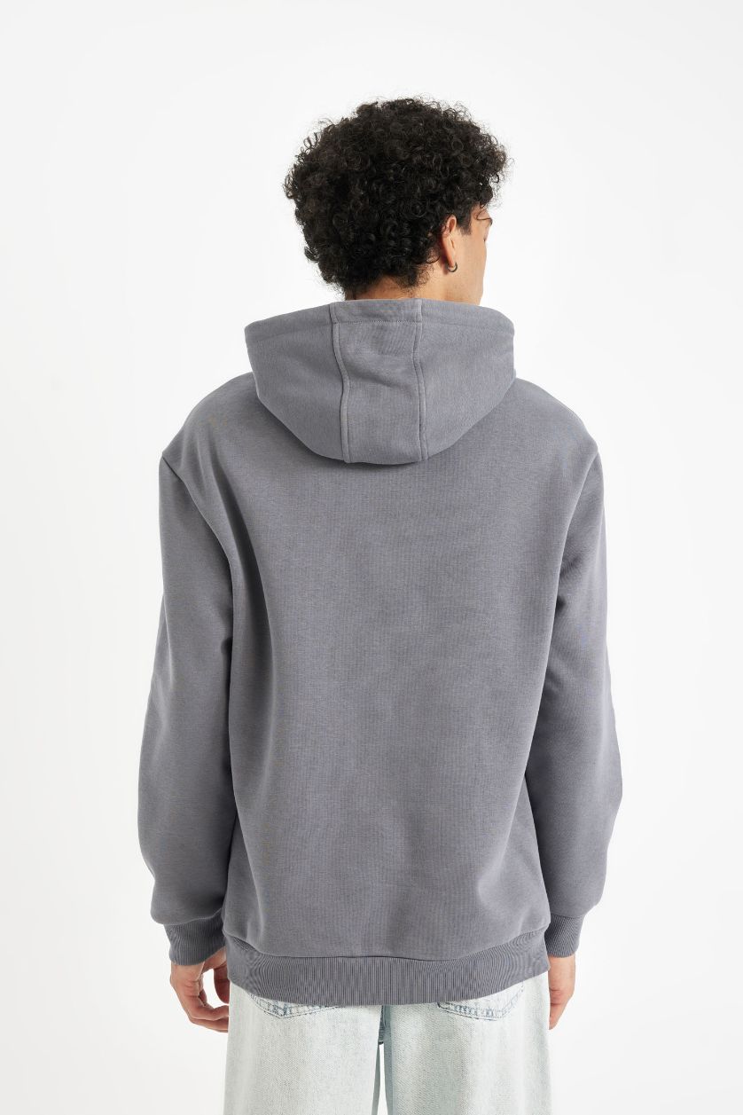 Erkek Koyu Gri Relax Fit Kapüşonlu Baskılı Sweatshirt