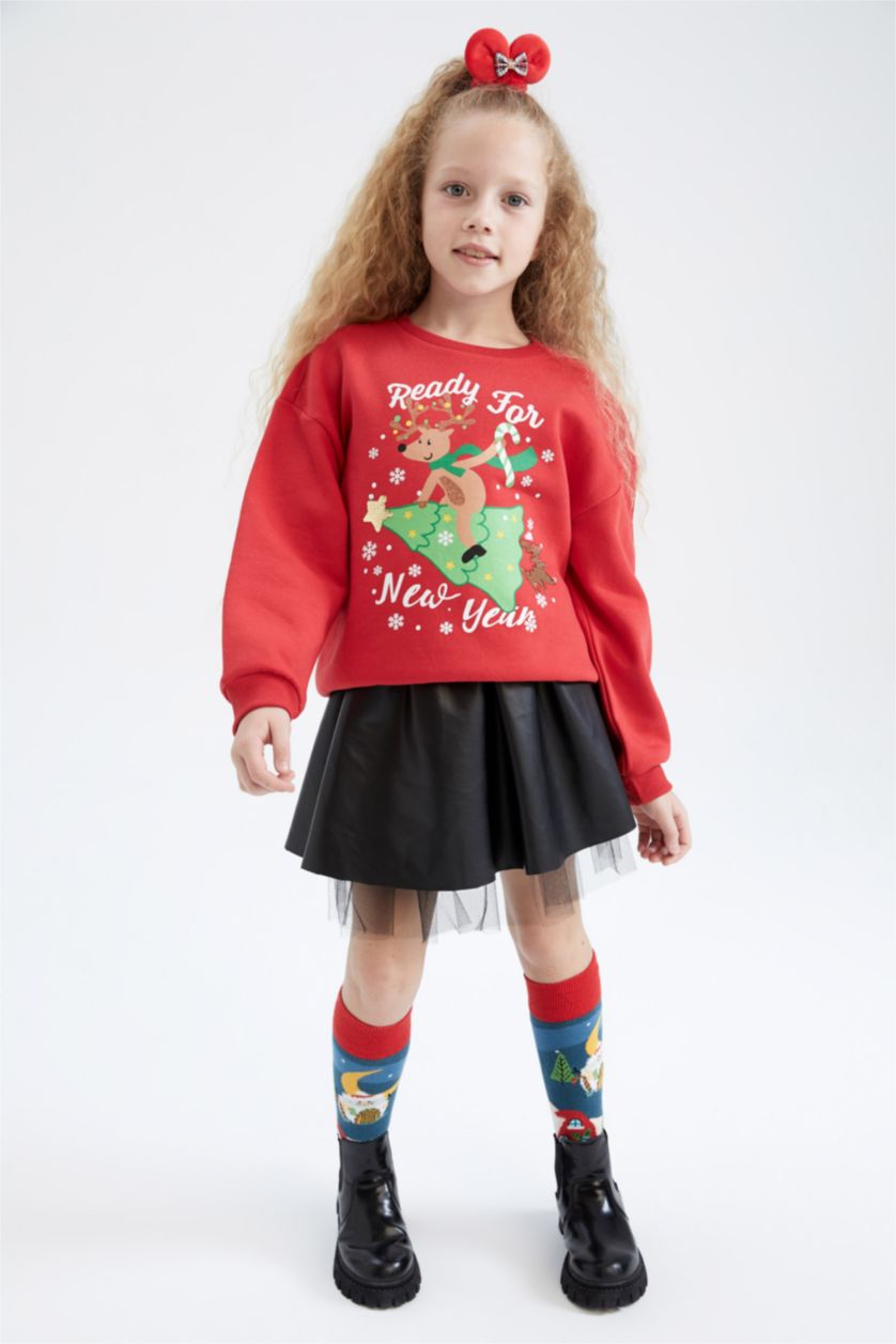 بنات أحمر سويت شيرت قصة مريحة بياقة مستديرة ببطانة ناعمة