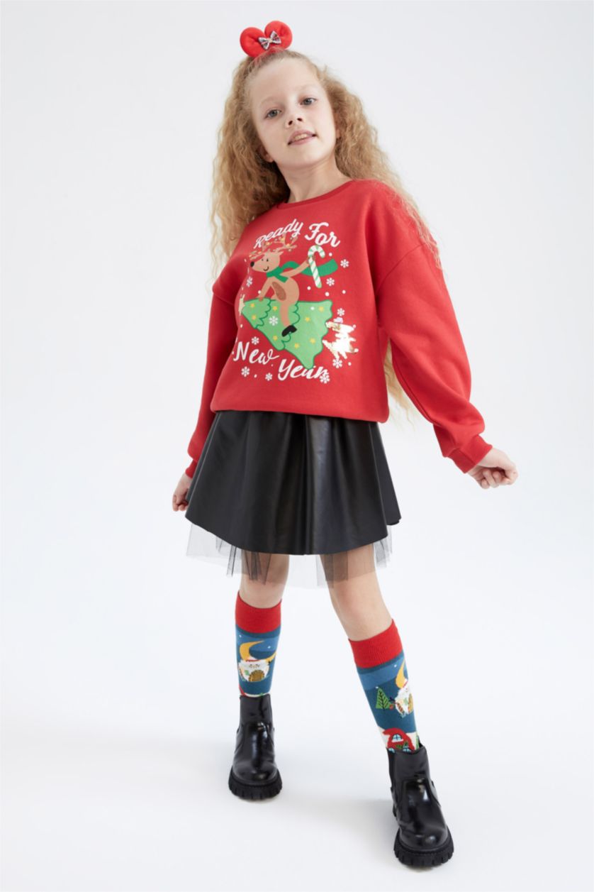 بنات أحمر سويت شيرت قصة مريحة بياقة مستديرة ببطانة ناعمة