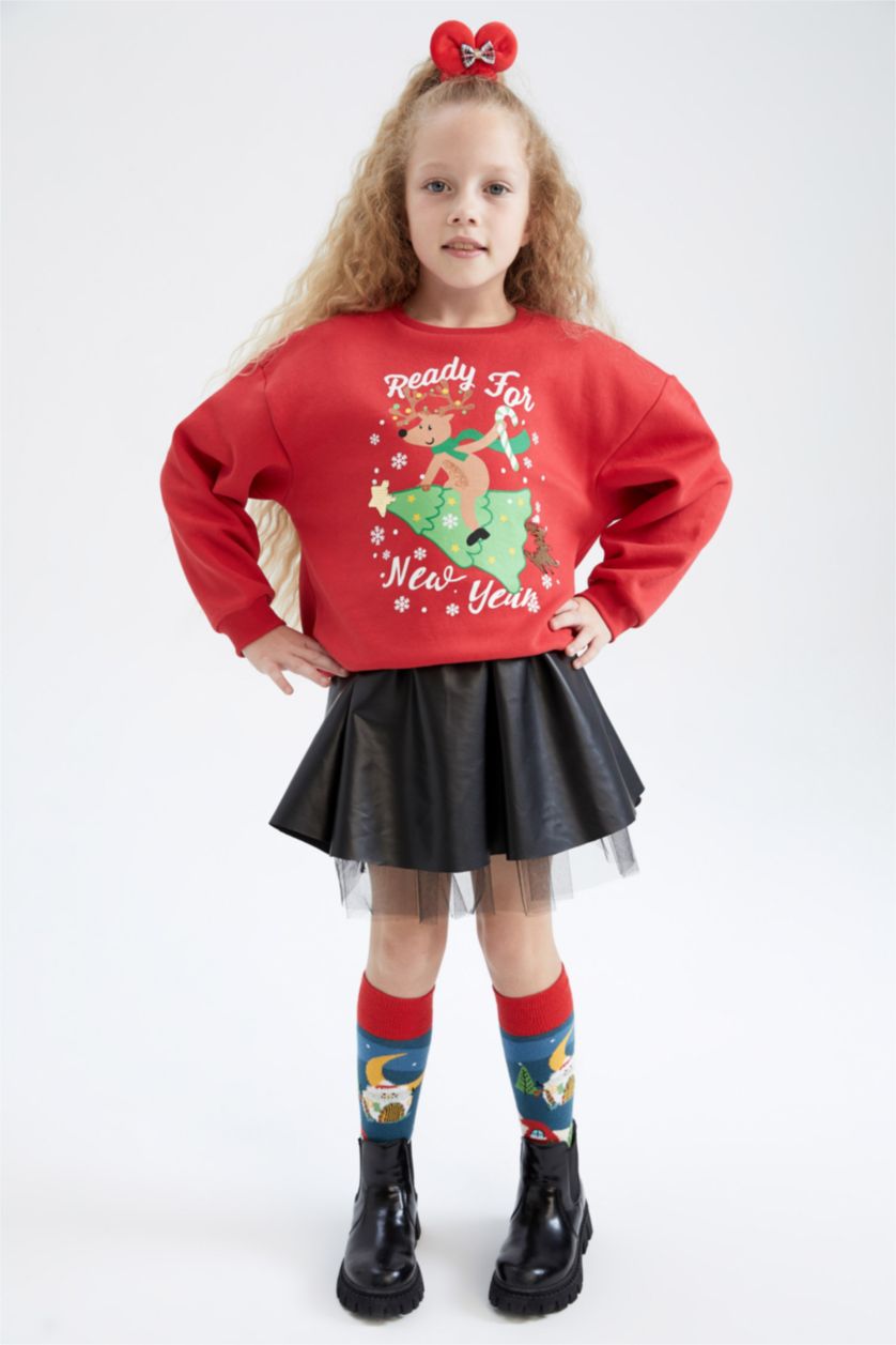 بنات أحمر سويت شيرت قصة مريحة بياقة مستديرة ببطانة ناعمة