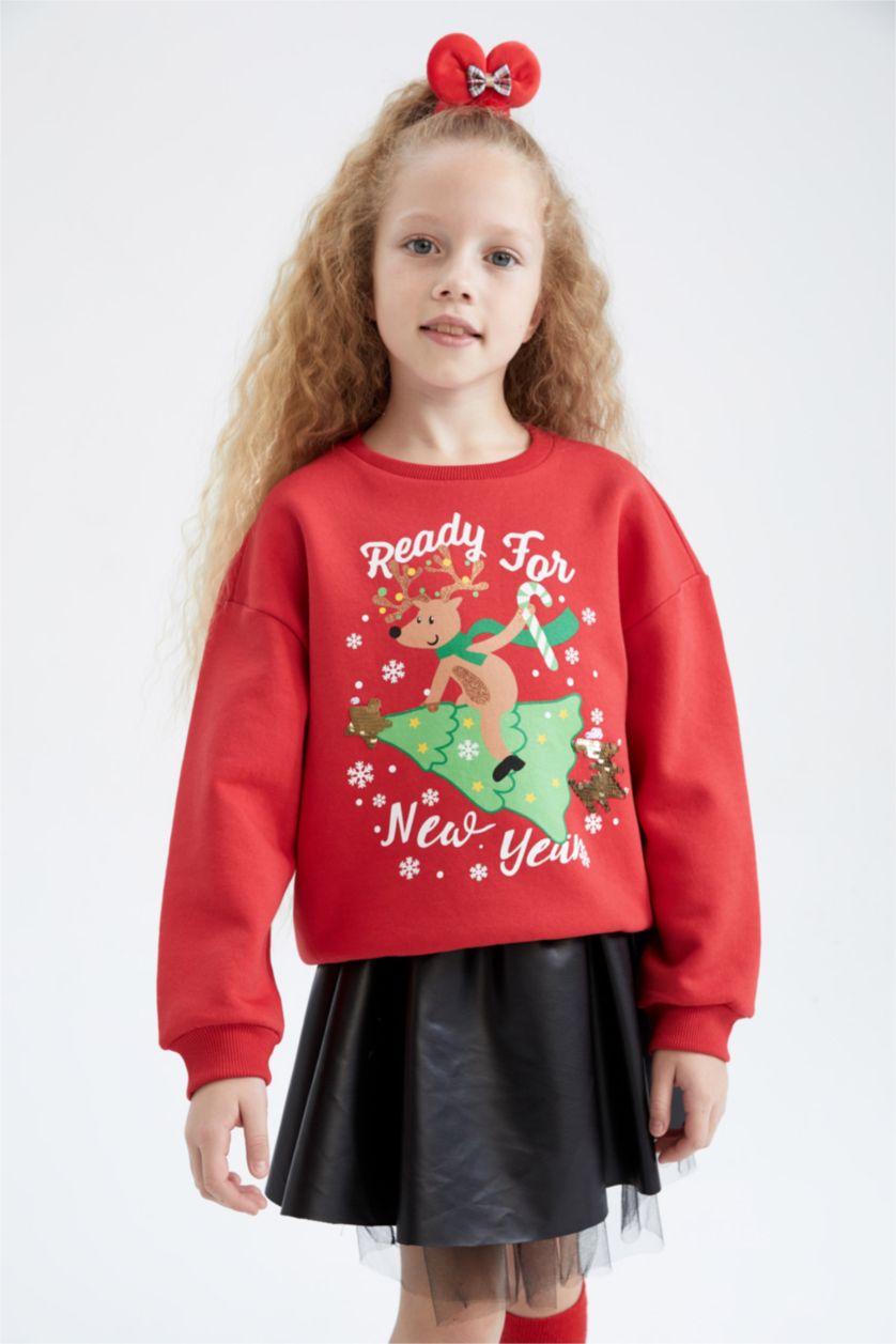 بنات أحمر سويت شيرت قصة مريحة بياقة مستديرة ببطانة ناعمة