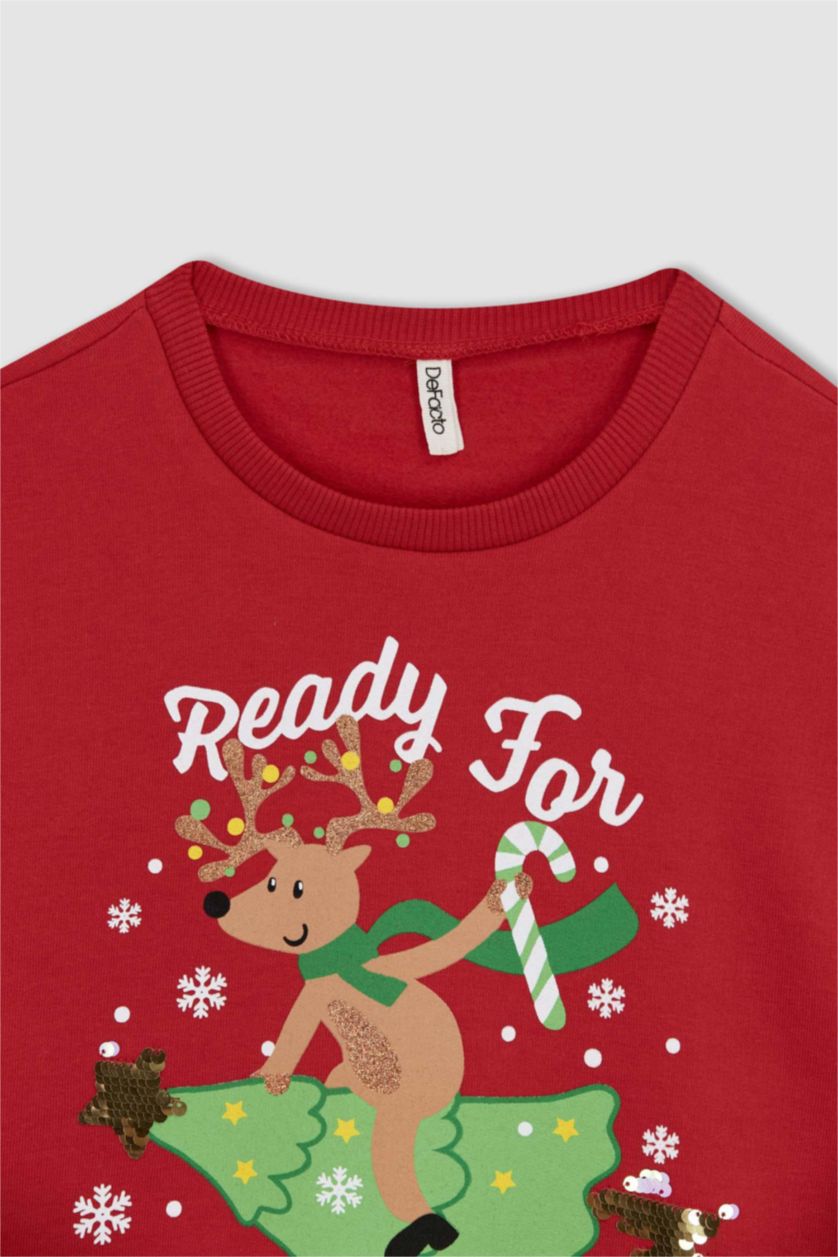 بنات أحمر سويت شيرت قصة مريحة بياقة مستديرة ببطانة ناعمة