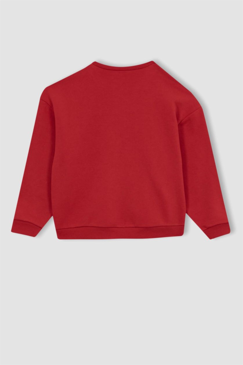 بنات أحمر سويت شيرت قصة مريحة بياقة مستديرة ببطانة ناعمة