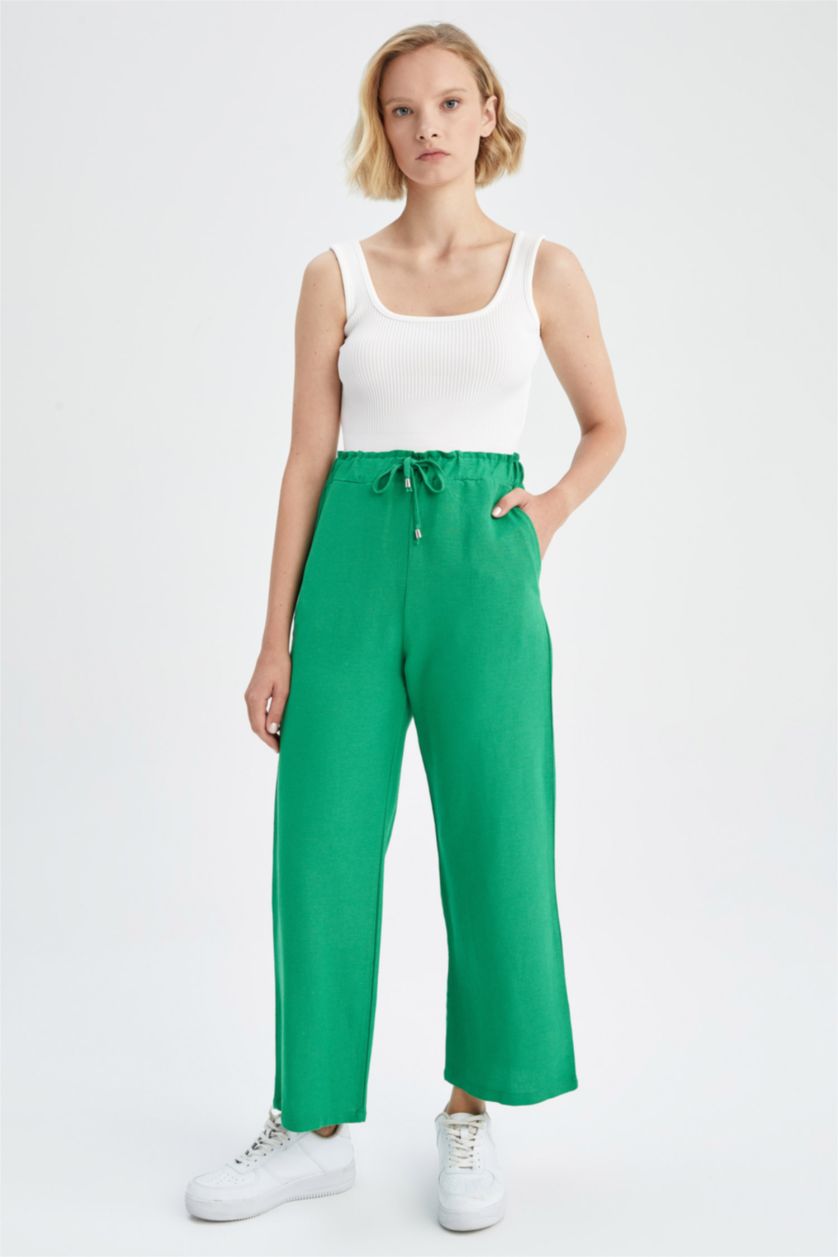 حريمي أخضر بنطلون كتان وايد ليج بجيب