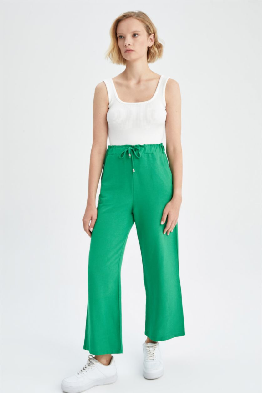 حريمي أخضر بنطلون كتان وايد ليج بجيب