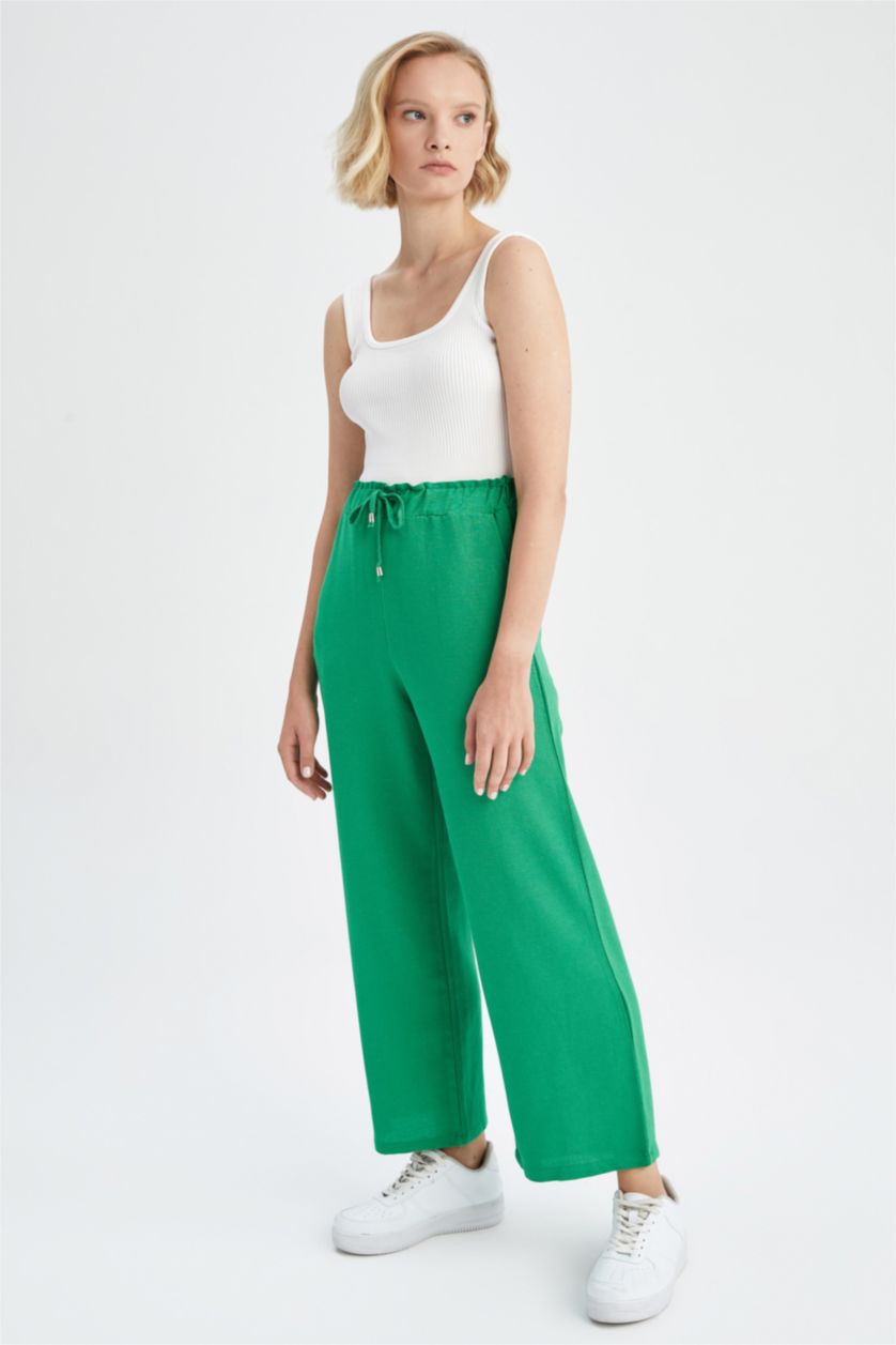 حريمي أخضر بنطلون كتان وايد ليج بجيب