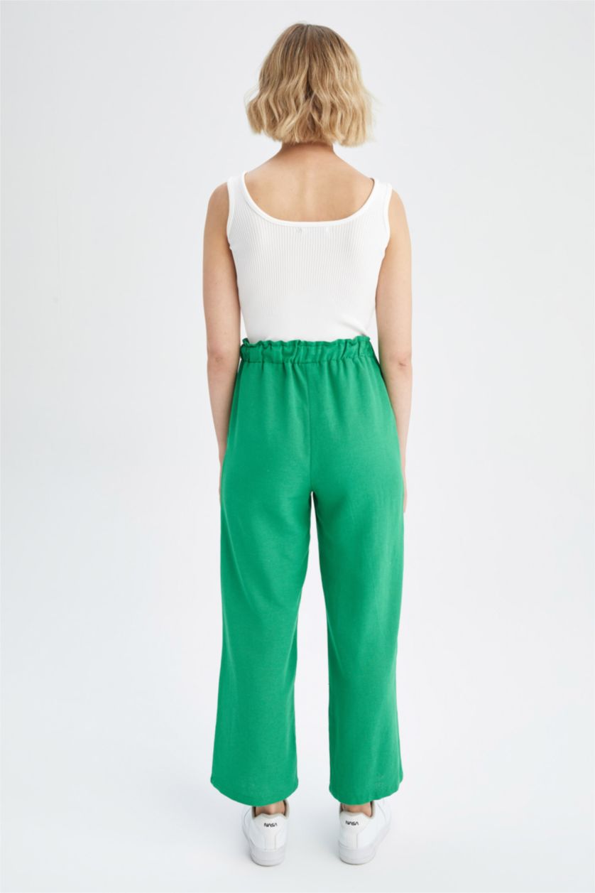 حريمي أخضر بنطلون كتان وايد ليج بجيب