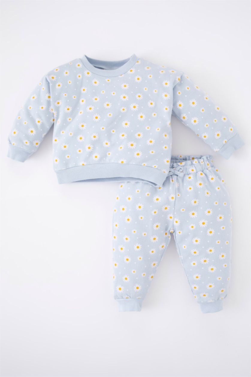 Baby Girls Light Blue Baby Girl Floral Crew Neck Sweatshirt Tracksuit Bottom Set