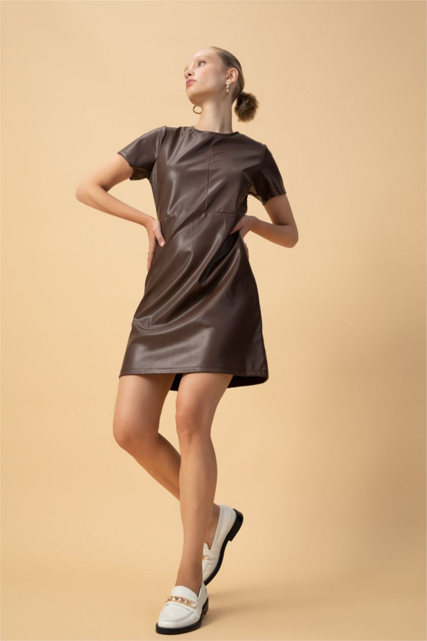 Brown WOMAN Faux Leather Mini Dress 2695088 | DeFacto