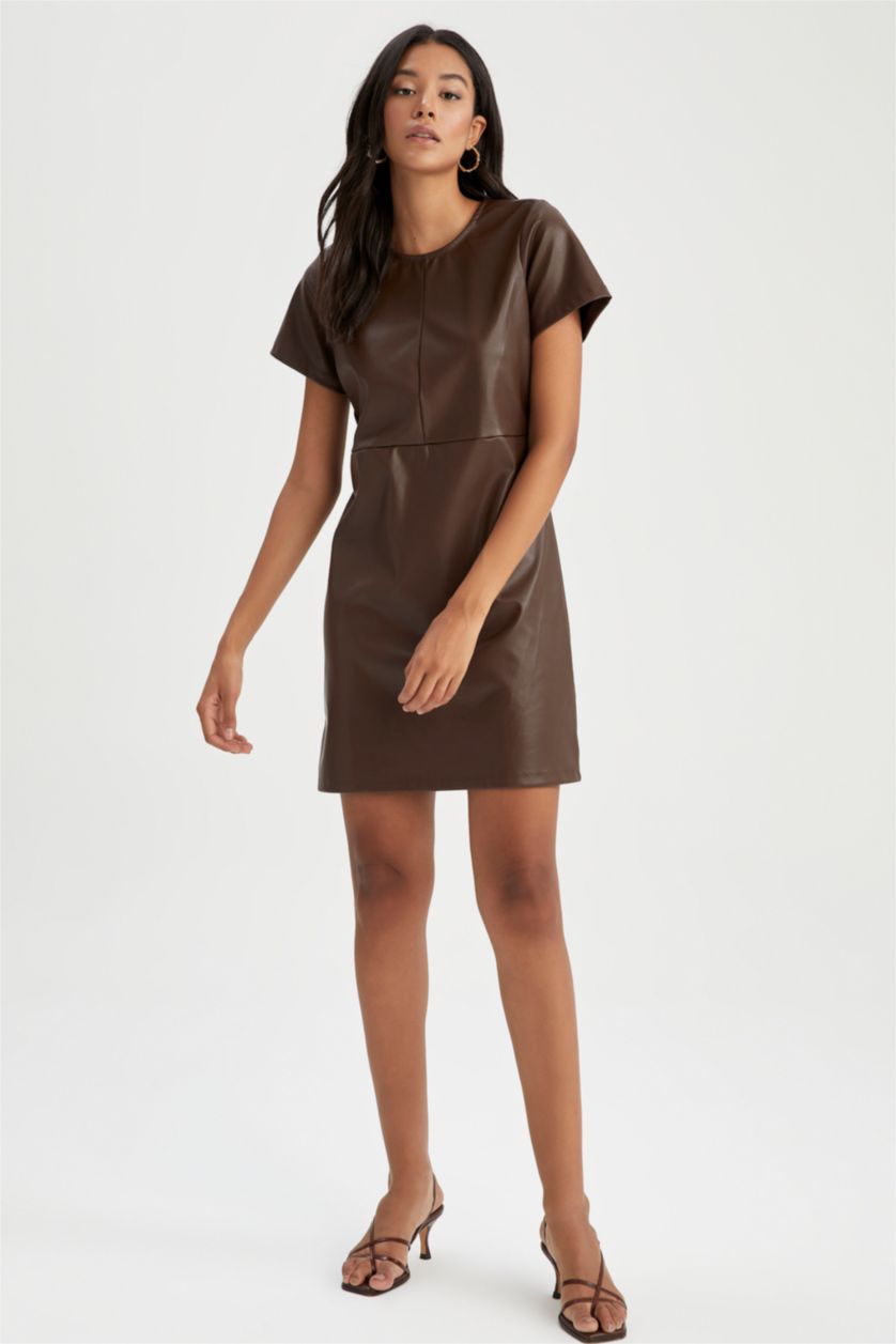 Brown WOMAN Faux Leather Mini Dress 2695088 | DeFacto