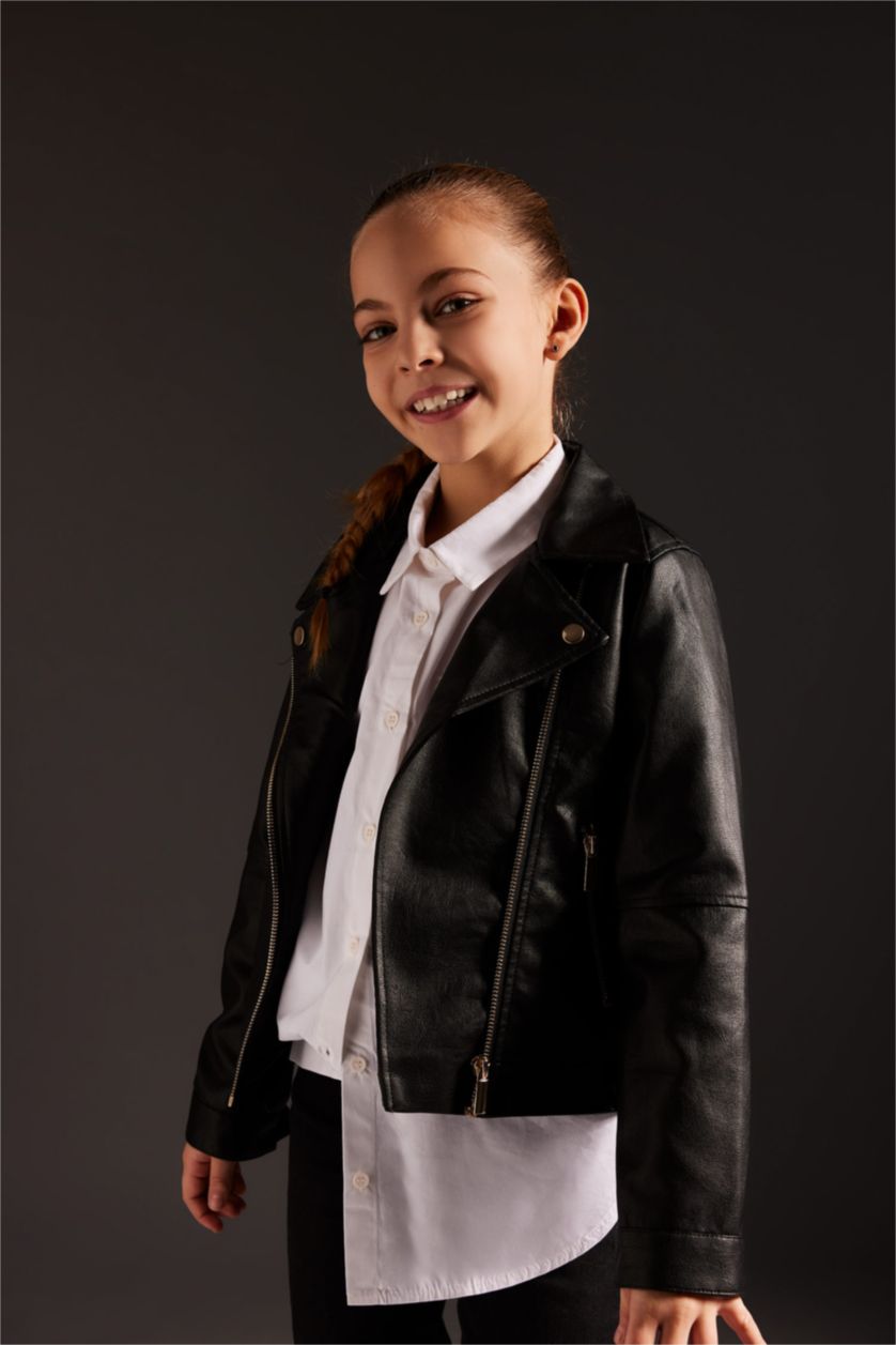 GIRLS & TEENS Black جاكيت جلد صناعي جلد صناعي قصة عادية