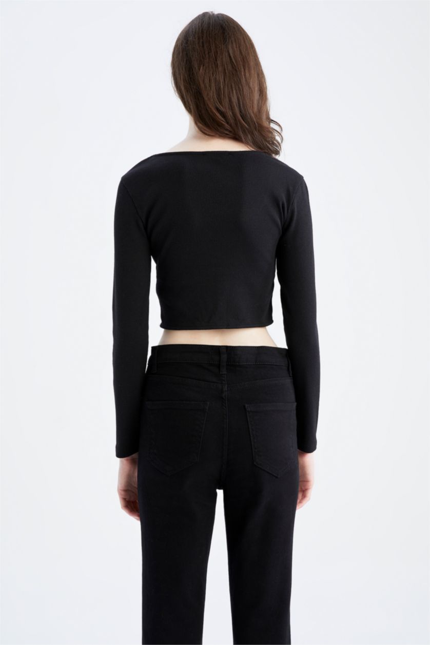 Woman Black Slim Fit Camisole Long Sleeve T-Shirt