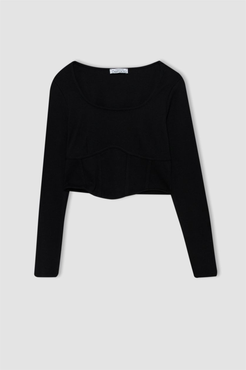 Woman Black Slim Fit Camisole Long Sleeve T-Shirt