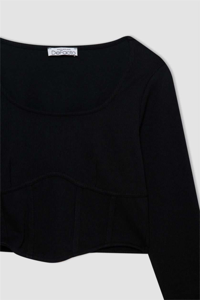 Woman Black Slim Fit Camisole Long Sleeve T-Shirt
