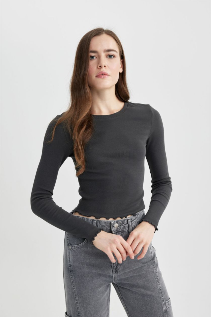 Kadın Gri Fıtted Bisiklet Yaka Fitilli Kaşkorse Uzun Kollu Tişört