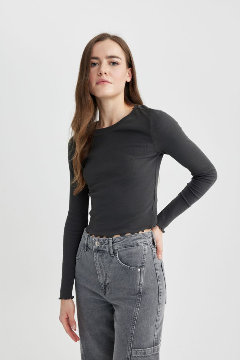 Kadın Gri Fıtted Bisiklet Yaka Fitilli Kaşkorse Uzun Kollu Tişört