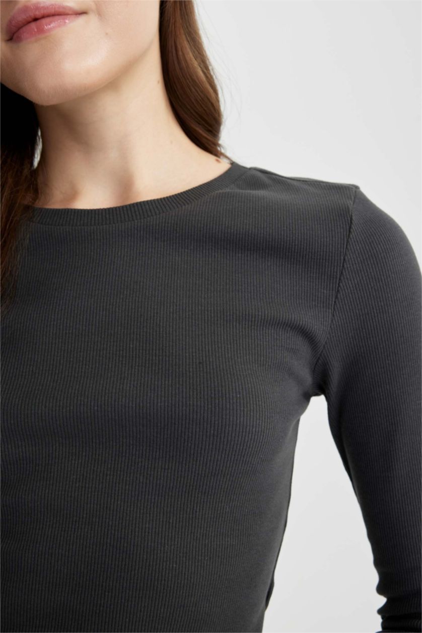 Kadın Gri Fıtted Bisiklet Yaka Fitilli Kaşkorse Uzun Kollu Tişört