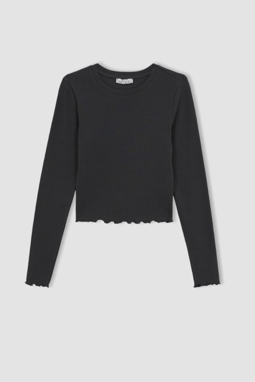 Kadın Gri Fıtted Bisiklet Yaka Fitilli Kaşkorse Uzun Kollu Tişört