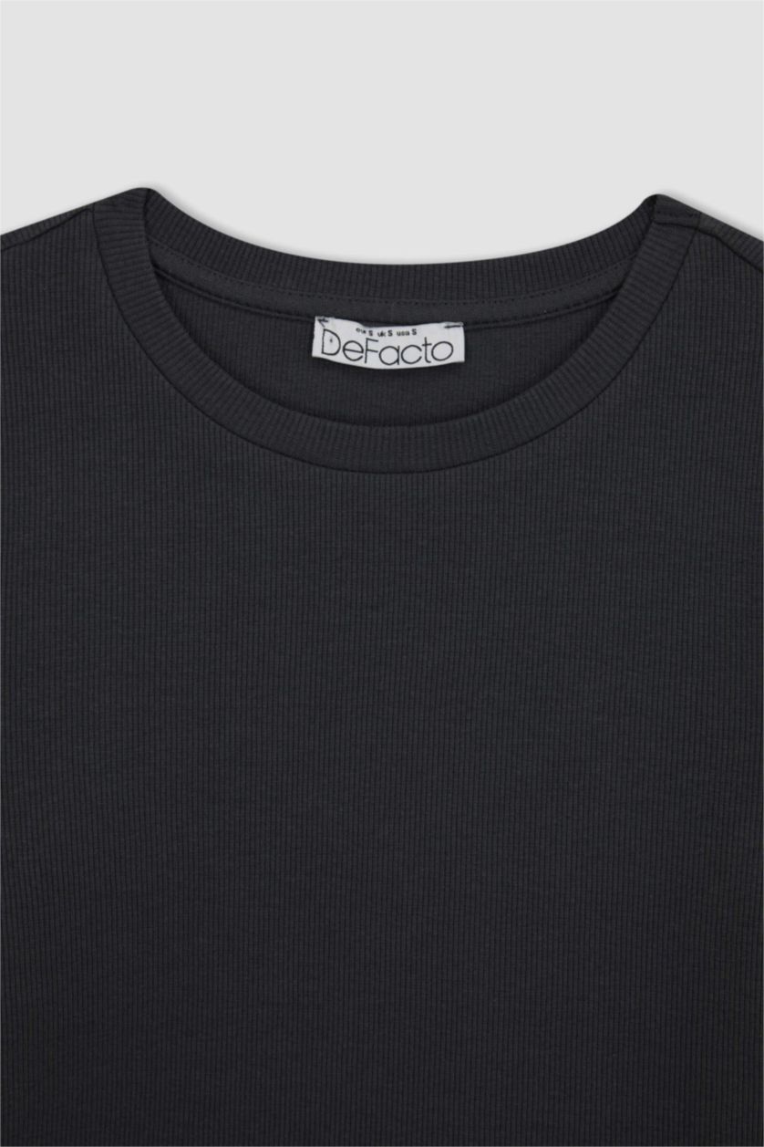 Kadın Gri Fıtted Bisiklet Yaka Fitilli Kaşkorse Uzun Kollu Tişört