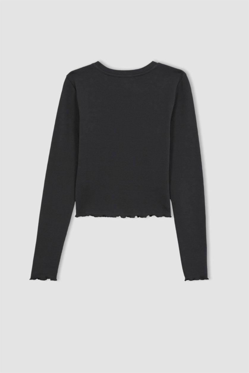 Kadın Gri Fıtted Bisiklet Yaka Fitilli Kaşkorse Uzun Kollu Tişört