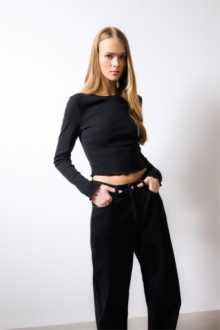 FEMME Noir T-Shirt À Manches Longues En Tricot Coupe Slim
