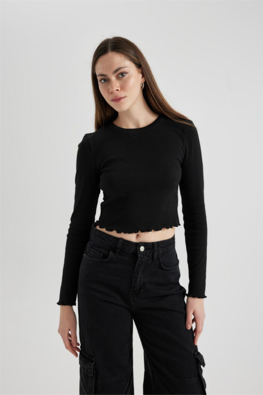 FEMME Noir T-Shirt À Manches Longues En Tricot Coupe Slim
