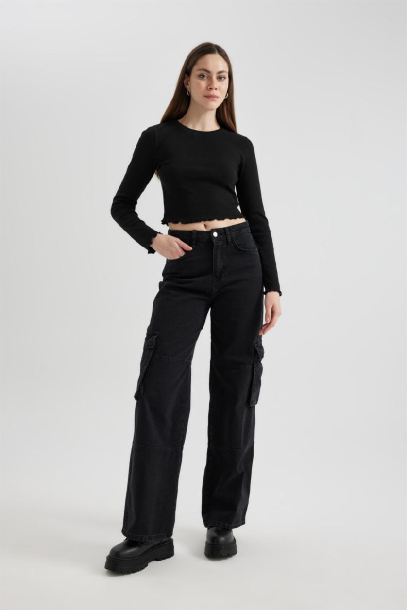 FEMME Noir T-Shirt À Manches Longues En Tricot Coupe Slim