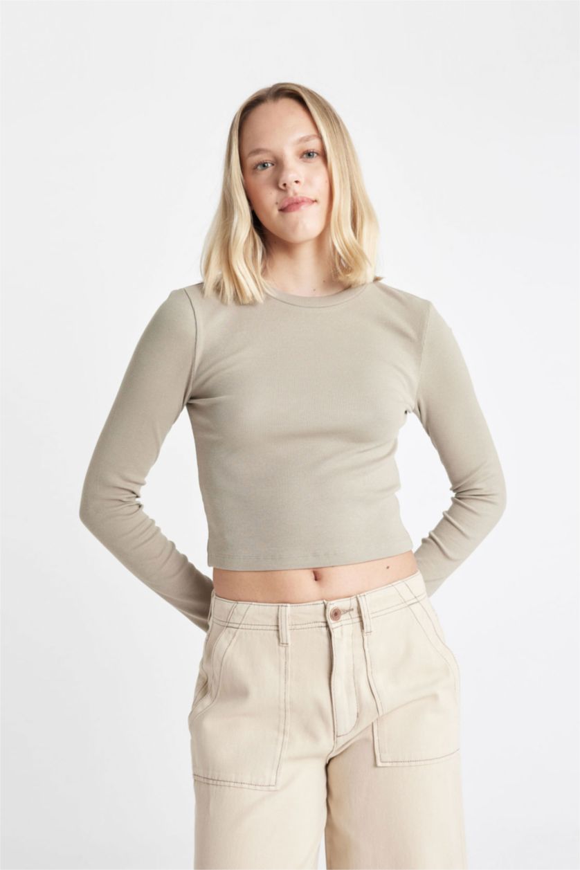 Woman Light Khaki Fitted Crew Neck Corduroy Basic Long Sleeve T-Shirt