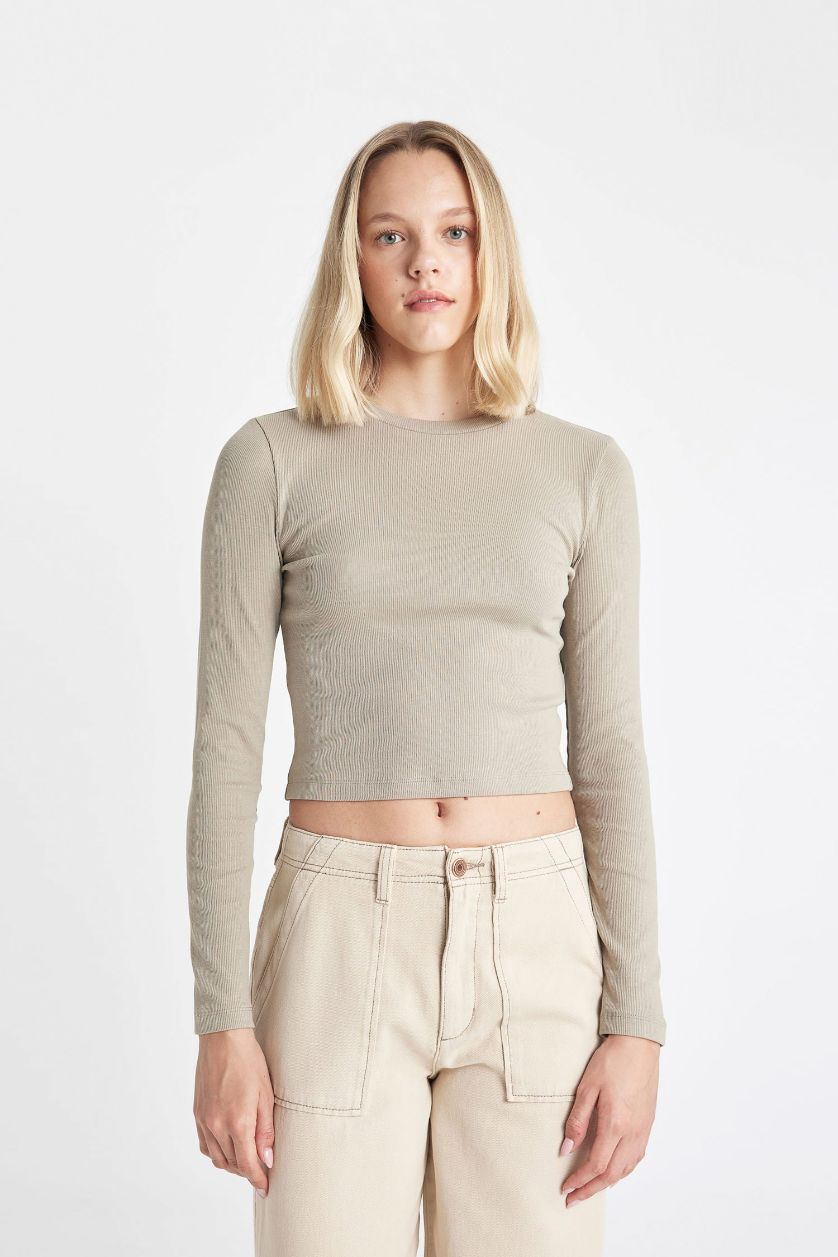 Woman Light Khaki Fitted Crew Neck Corduroy Basic Long Sleeve T-Shirt