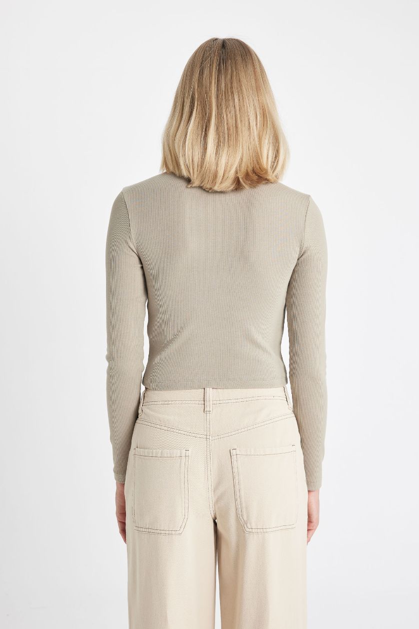 Woman Light Khaki Fitted Crew Neck Corduroy Basic Long Sleeve T-Shirt