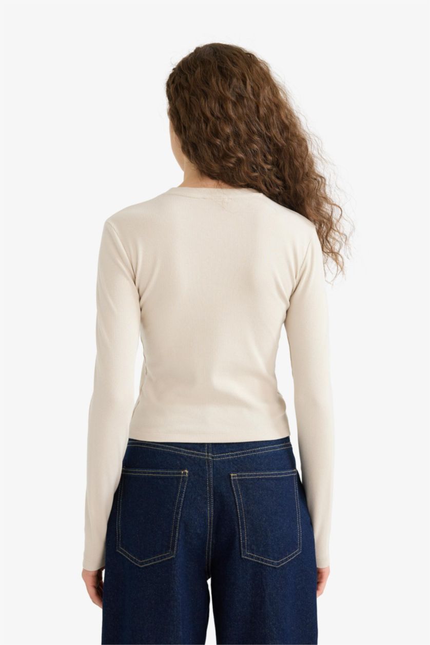 Женщины Бежевый Приталенная футболка с круглым вырезом, в рубчик, с длинным рукавом