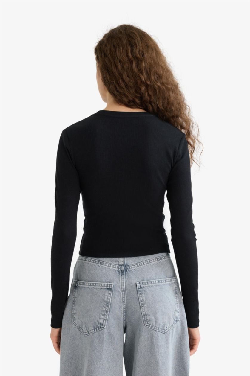 نساء أسود تيشيرت ردن طويل سليم فيت بياخة مستديرة