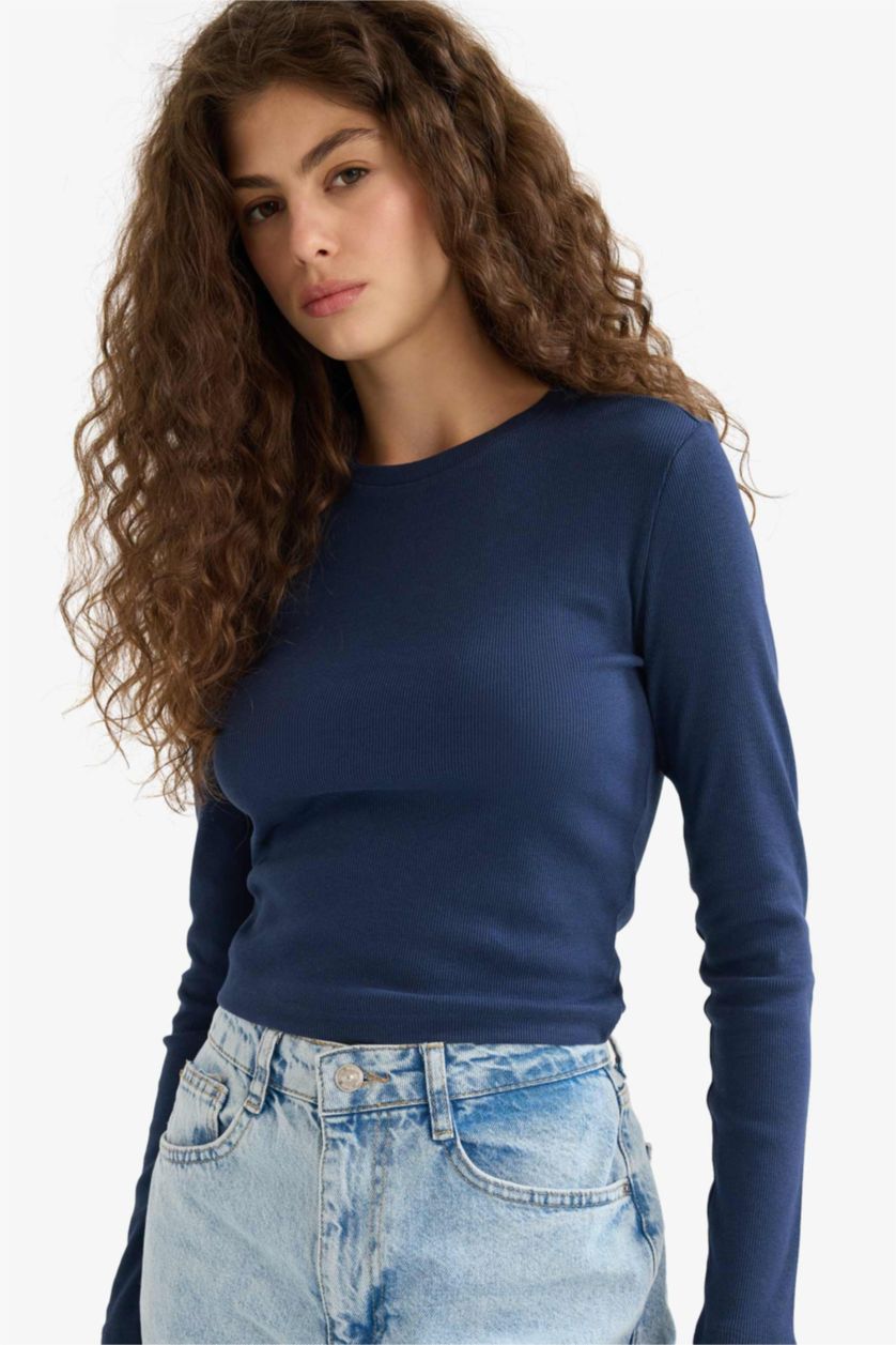 Kadın Lacivert Fitted Bisiklet Yaka Fitilli Kaşkorse Basic Düz Uzun Kollu Tişört