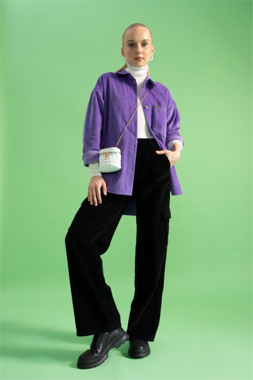 Kadın Siyah Coool Kargo Cepli Geniş Paça Kadife %100 Pamuk Pantolon