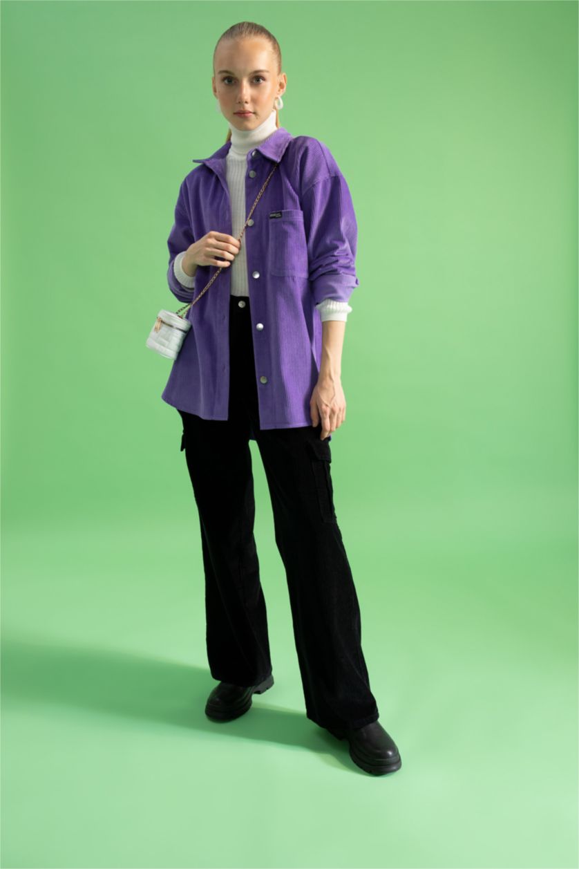 Kadın Siyah Coool Kargo Cepli Geniş Paça Kadife %100 Pamuk Pantolon