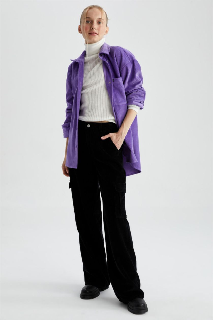 Kadın Siyah Coool Kargo Cepli Geniş Paça Kadife %100 Pamuk Pantolon