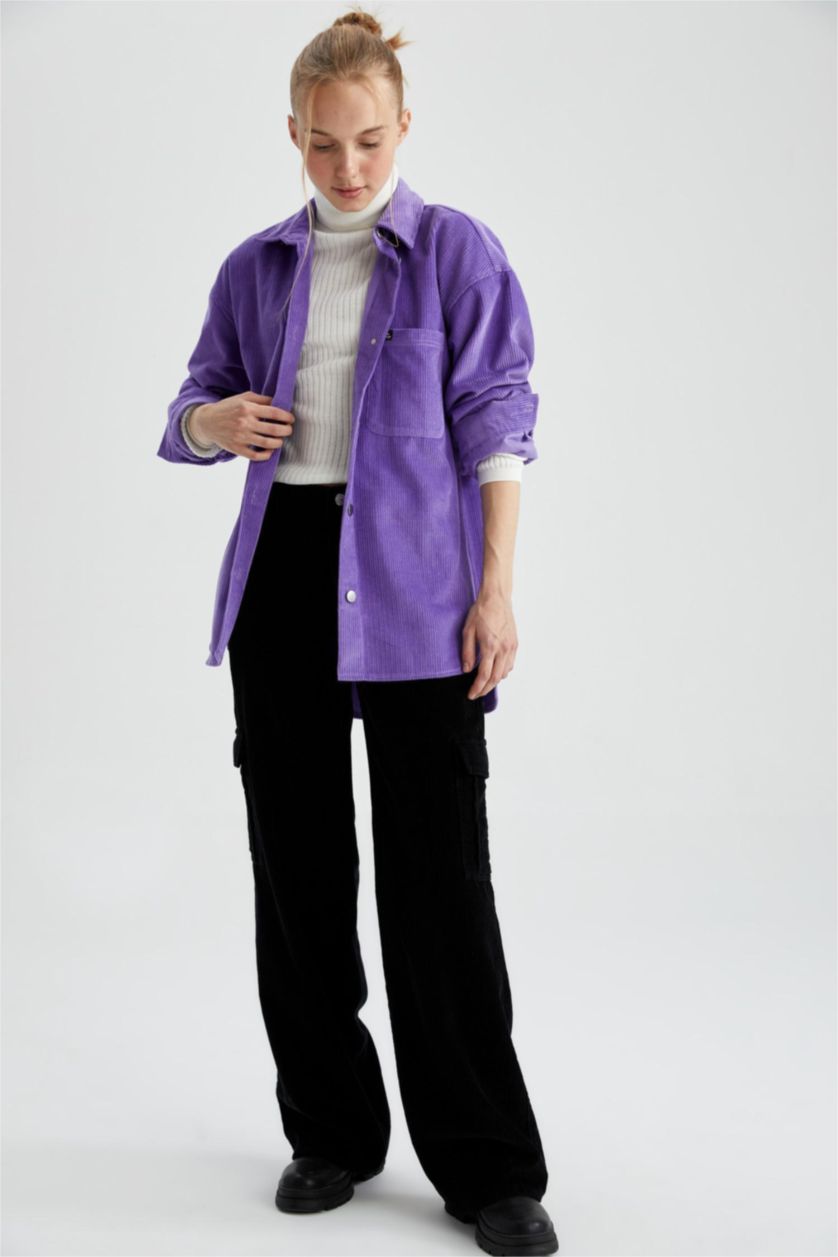 Kadın Siyah Coool Kargo Cepli Geniş Paça Kadife %100 Pamuk Pantolon