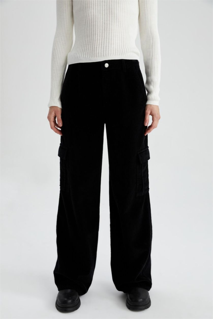 Kadın Siyah Coool Kargo Cepli Geniş Paça Kadife %100 Pamuk Pantolon