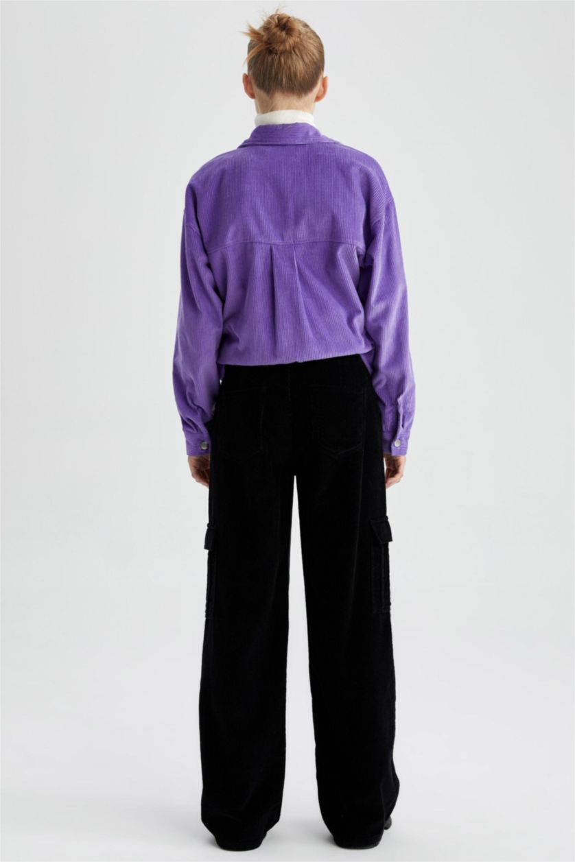 Kadın Siyah Coool Kargo Cepli Geniş Paça Kadife %100 Pamuk Pantolon