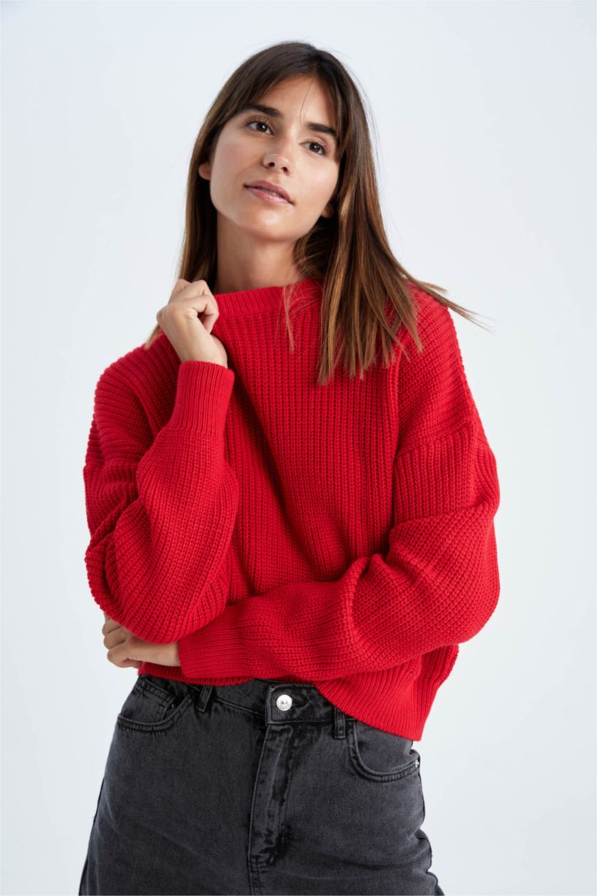 WOMAN Red Relax Fit Crew Neck Thessaloniki Fabric Pullover