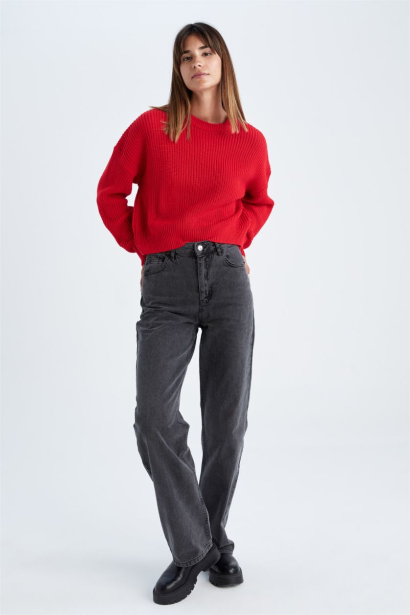 WOMAN Red Relax Fit Crew Neck Thessaloniki Fabric Pullover