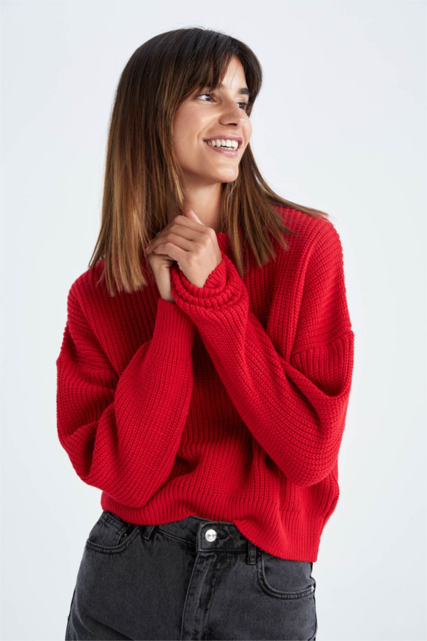 WOMAN Red Relax Fit Crew Neck Thessaloniki Fabric Pullover